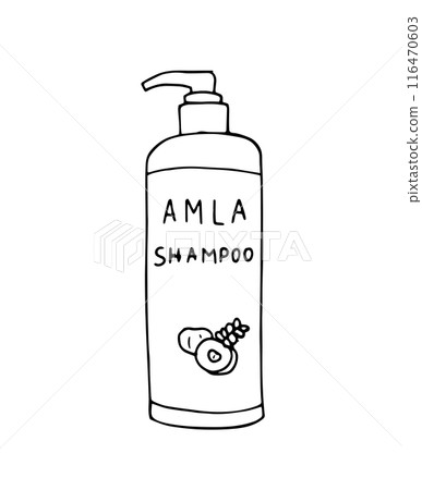 Amla shampoo. Hand-drawn shampoo bottle. Indian gooseberry. Hand-drawn illustration isolated on white background. Amla shampoo. Hand-drawn shampoo bottle. Indian gooseberry. Hand-drawn illustration isolated on white background. 116470603