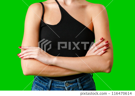 Woman in Black Tank Top Holding Hands Together Woman in Black Tank Top Holding Hands Together 116470614
