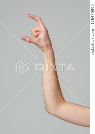 Female hand sign against gray background in studio Female hand sign against gray background in studio 116470999