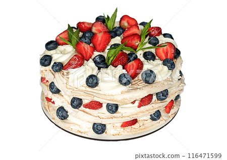 Cake with strawberries, blueberries and mint leaves on whipped cream and meringue isolated on a white background Cake with strawberries, blueberries and mint leaves on whipped cream and meringue isolated on a white background 116471599