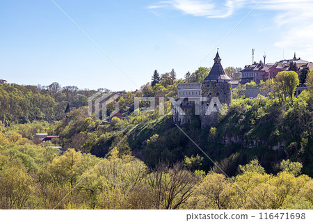 Canyon of the Smotrich River with a view of the Potter's Tower in Kamenets-Podolsky, Ukraine. 116471698
