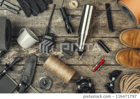 travel hiking equipment tools, view from above travel hiking equipment tools, view from above 116471797