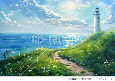 White lighthouse near the sea with a beautiful sky. White lighthouse near the sea with a beautiful sky. 116471825