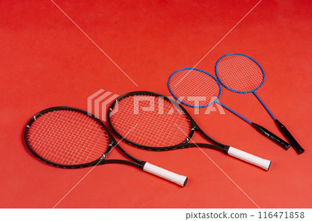 Four rackets. Rackets for tennis and for badminton Four rackets. Rackets for tennis and for badminton 116471858