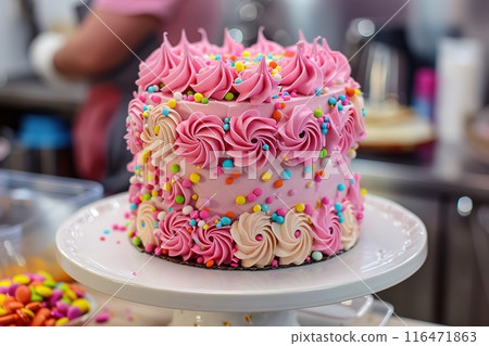 Beautiful festive pink cake decorated with bizet. Side view, close-up 116471863