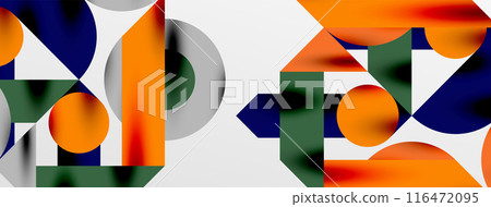 Circles and shadows. Colorful round elements with triangles, semi circles and other shapes. Vector Illustration For Wallpaper, Banner, Background, Card, Book Illustration, landing page Circles and shadows. Colorful round elements with triangles, semi circles and other shapes. Vector Illustration For Wallpaper, Banner, Background, Card, Book Illustration, landing page 116472095