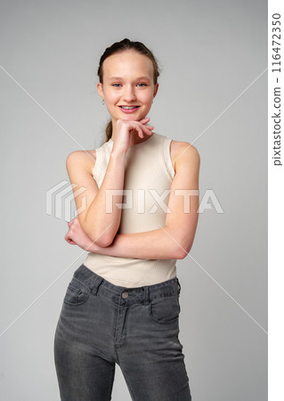 Young Girl With Long Curly Hair Portrait Young Girl With Long Curly Hair Portrait 116472350
