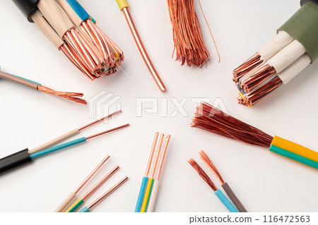 Various Copper Electrical Wires Isolated on White Background 116472563