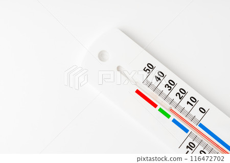 White Thermometer and Hygrometer Displaying Room Temperature and Humidity 116472702