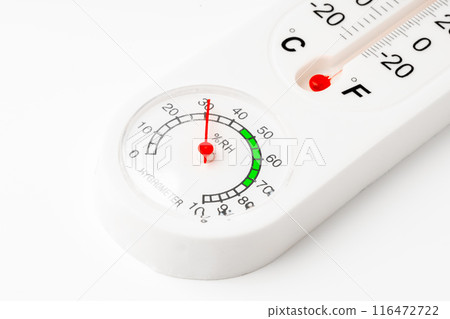 White Thermometer and Hygrometer Displaying Room Temperature and Humidity 116472722