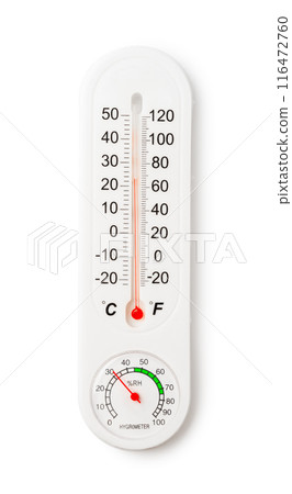 White Thermometer and Hygrometer Displaying Room Temperature and Humidity 116472760