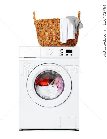 White Washing Machine With Laundry Basket on Top 116472764