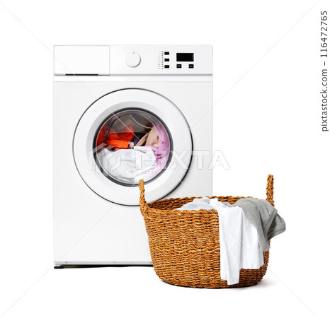 White Washing Machine With Laundry Basket on Top White Washing Machine With Laundry Basket on Top 116472765