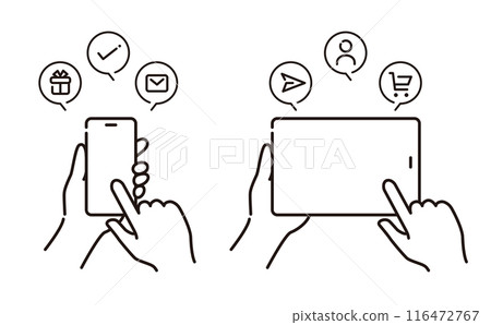 Illustration material of touching a smartphone or tablet that can be used to explain cashless payments, apps, and email transmission 116472767