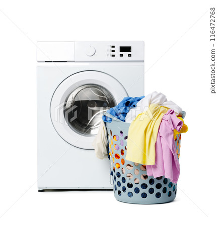 White Front Load Washing Machine and Laundry Basket 116472768
