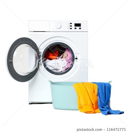 White Front Loading Washing Machine With Open Door and Laundry White Front Loading Washing Machine With Open Door and Laundry 116472771