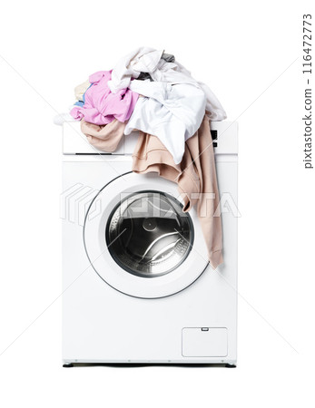 White Washing Machine With Pile of Laundry on Top 116472773