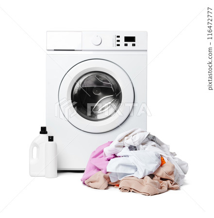 White Washing Machine With Open Door and Clothes Overflowing From a Wicker Basket White Washing Machine With Open Door and Clothes Overflowing From a Wicker Basket 116472777
