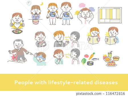 A set of symptoms of illnesses and injuries caused by lifestyle habits A set of symptoms of illnesses and injuries caused by lifestyle habits 116472816