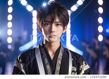 Portrait of a handsome and cool man like an idol, with a stage background illuminated by spotlights AI-generated 116472890