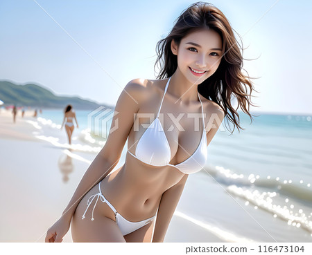 美麗可愛的微笑女孩穿著性感的白色比基尼在海灘上。海上度假背景AI生成 116473104