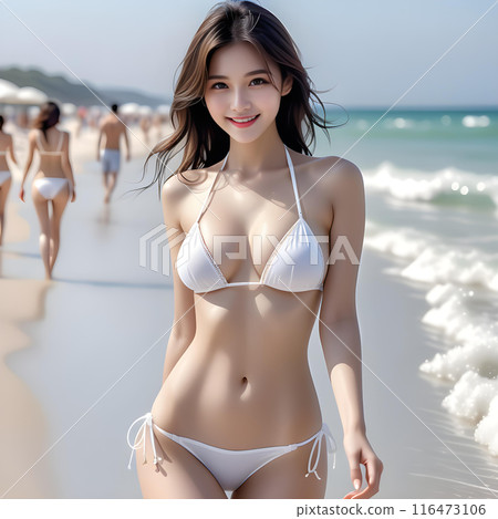 美麗可愛的微笑女孩穿著性感的白色比基尼在海灘上。海上度假背景AI生成 116473106