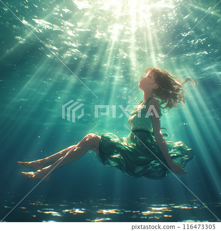 Fantastic portrait of a young Japanese woman swimming in emerald green water 116473305
