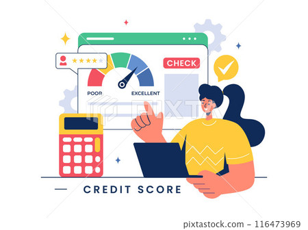Credit Score Vector Illustration with Loan Arrow Gauge Speedometer Indicator Showing Ratings from Poor to Good in a Flat Cartoon Style Background Credit Score Vector Illustration with Loan Arrow Gauge Speedometer Indicator Showing Ratings from Poor to Good in a Flat Cartoon Style Background 116473969