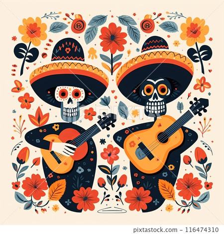 Mexican skulls playing guitar with colorful flowers on white background Mexican skulls playing guitar with colorful flowers on white background 116474310