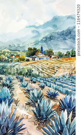 Watercolor illustration of blue agave farm Watercolor illustration of blue agave farm 116474320