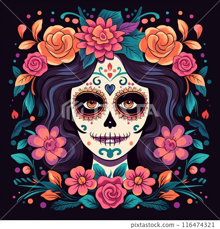 Colorful Calavera Illustration with Floral Headdress and Dark Background 116474321