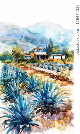 Watercolor illustration of blue agave farm 116474322