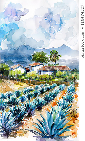 Watercolor illustration of blue agave farm 116474327