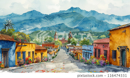 Traditional mexican colonial town watercolor 116474331