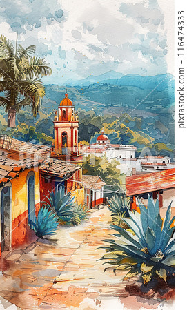 Traditional mexican colonial town watercolor 116474333