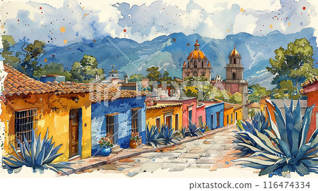 Traditional mexican colonial town watercolor Traditional mexican colonial town watercolor 116474334