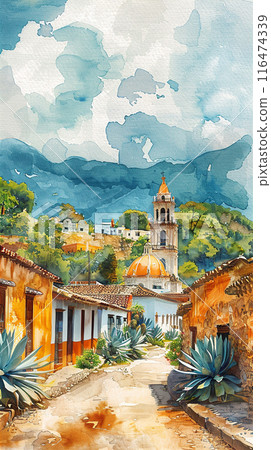 Traditional mexican colonial town watercolor 116474339