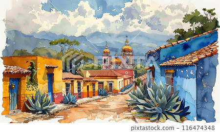 Traditional mexican colonial town watercolor 116474348