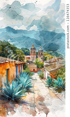 Traditional mexican colonial town watercolor 116474353