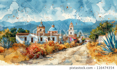 Traditional mexican colonial town watercolor 116474354