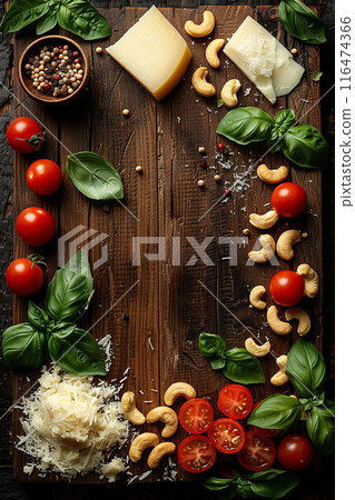 Top view of a wooden table with ingredients 116474366