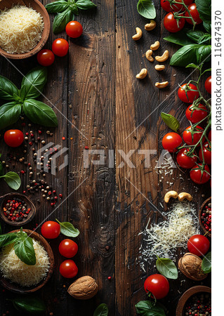Top view of a wooden table with ingredients 116474370