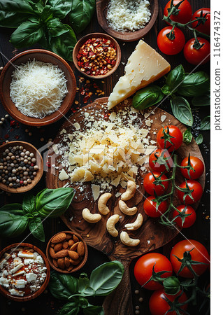 Top view of a wooden table with ingredients Top view of a wooden table with ingredients 116474372