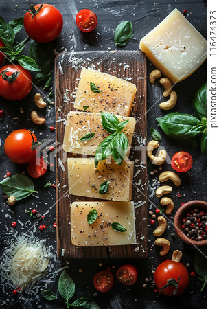 Top view of a wooden table with ingredients 116474373