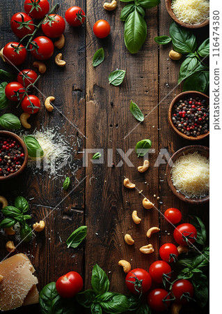 Top view of a wooden table with ingredients Top view of a wooden table with ingredients 116474380