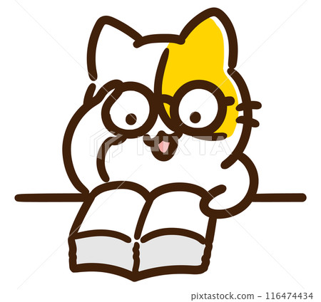 A deformed illustration of a smart-looking cat character wearing glasses carefully reading a thick dictionary A deformed illustration of a smart-looking cat character wearing glasses carefully reading a thick dictionary 116474434