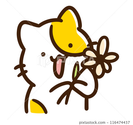 A cute cat character happily handing over a single flower 116474437