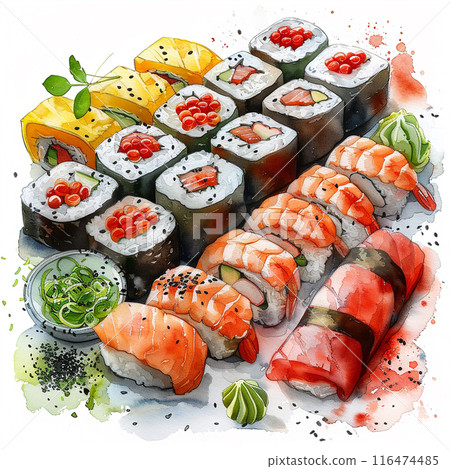 Watercolor art illustration of japanese sushi 116474485