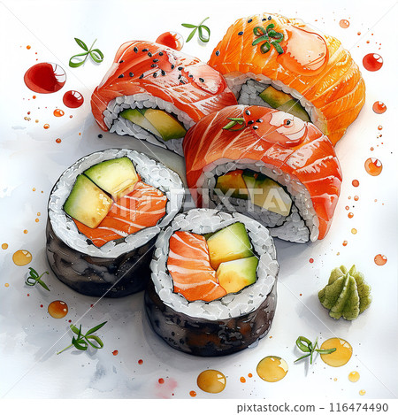 Watercolor art illustration of japanese sushi Watercolor art illustration of japanese sushi 116474490
