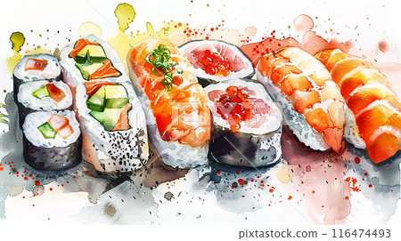 Watercolor art illustration of japanese sushi Watercolor art illustration of japanese sushi 116474493
